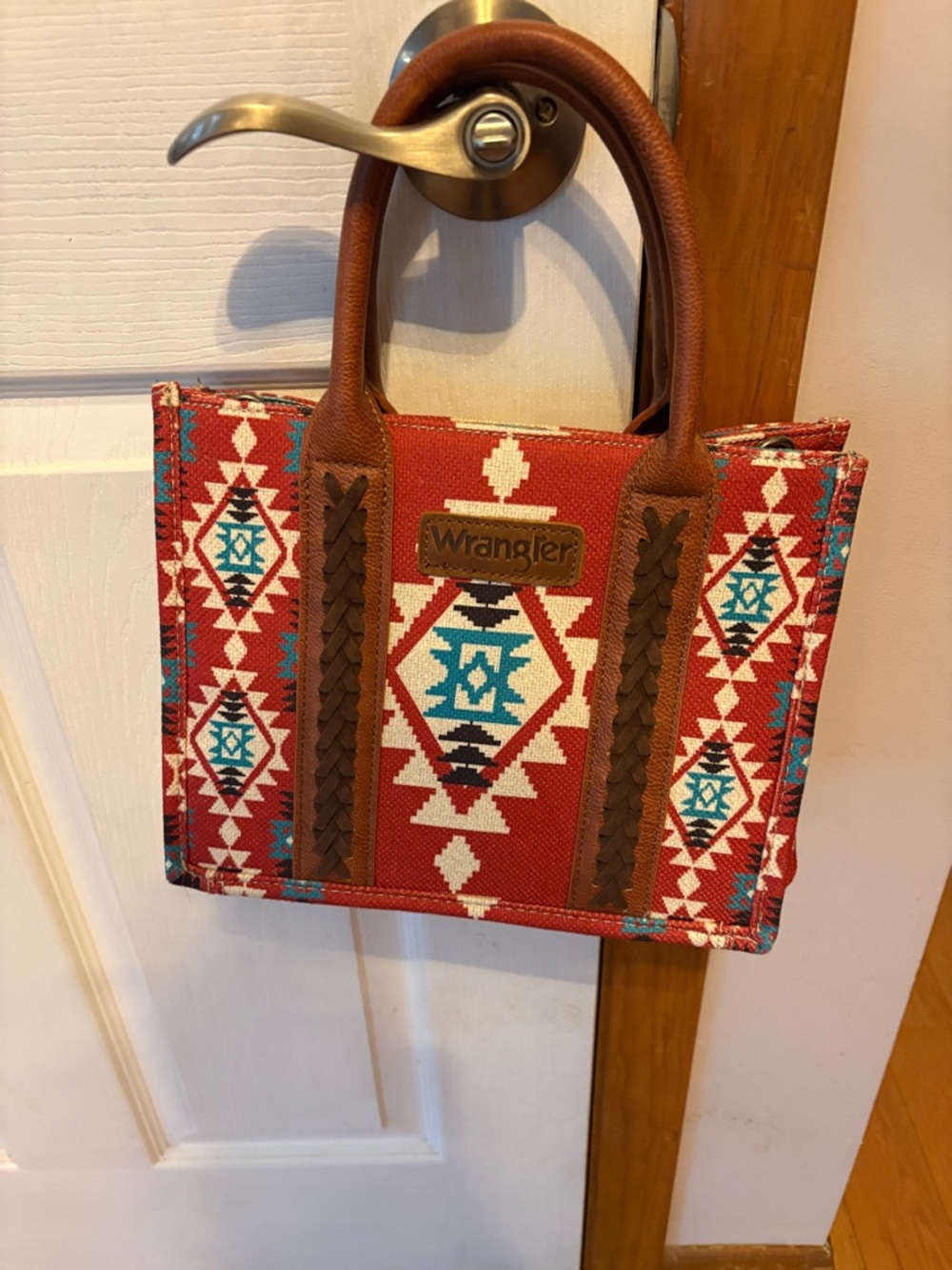 Wrangler Red Aztec Tote with Brown Handles and Turquoise Accents